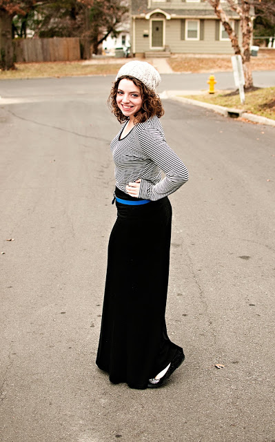 Winter Maxi Skirt, Beanie, Gap Belt and Striped Shirt