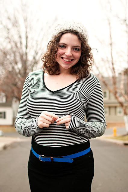 Winter Maxi Skirt, Beanie, Gap Belt and Striped Shirt