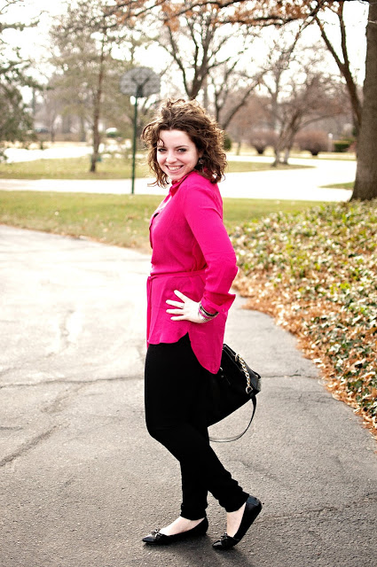 Pink tunic and black pants