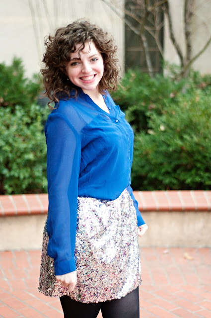 Cobalt top with J Crew Sequin skirt