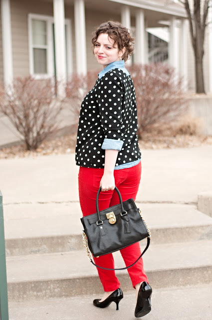 Red Corduroys with Polka Dots and Chambray 