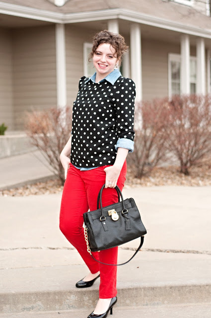 Red Corduroys with Polka Dots and Chambray 