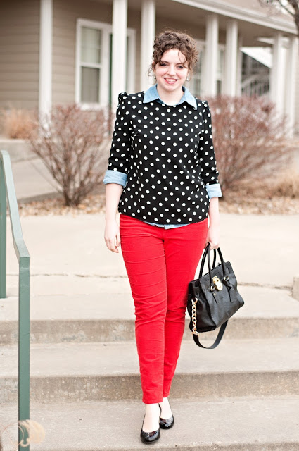 Red Corduroys with Polka Dots and Chambray 