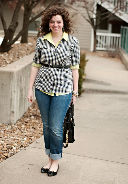 Gingham and neon layered outfit
