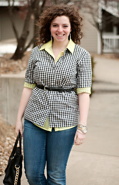 Gingham and neon layered outfit