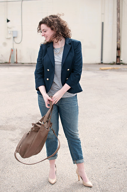 Navy blue blazer with boyfriend jeans