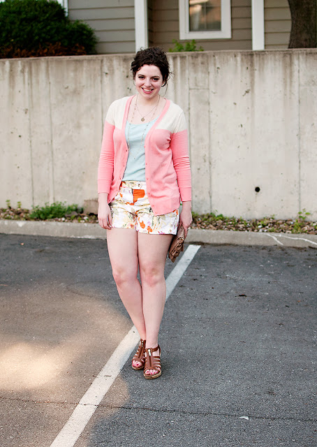 Floral Shorts with Color Blocked Cardigan