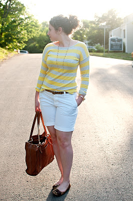 white shorts with striped sweater