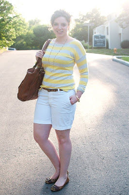 white shorts with striped sweater