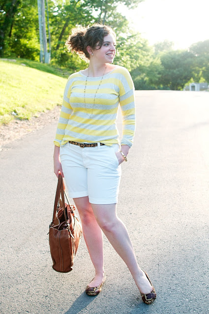 white shorts with striped sweater