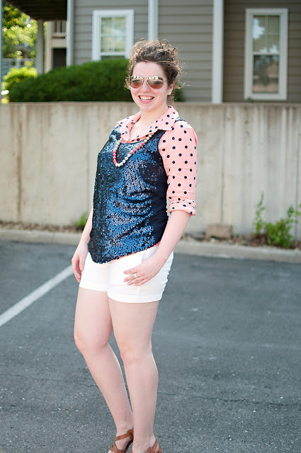 Sequin tank with polka dot layered shirt