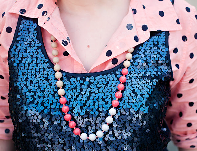 Sequin tank with polka dot layered shirt