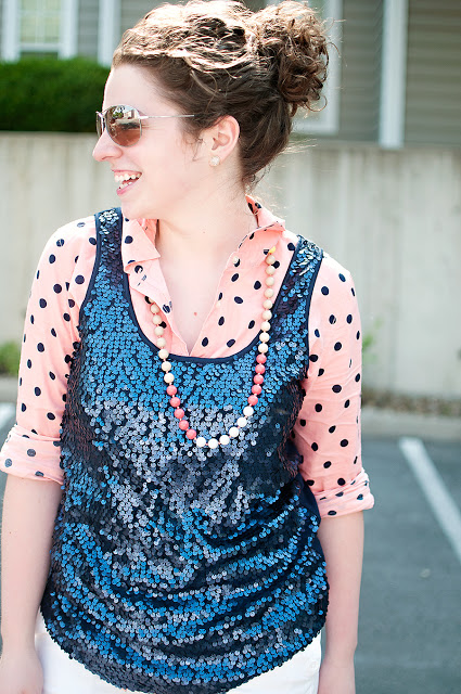 Sequin tank with polka dot layered shirt