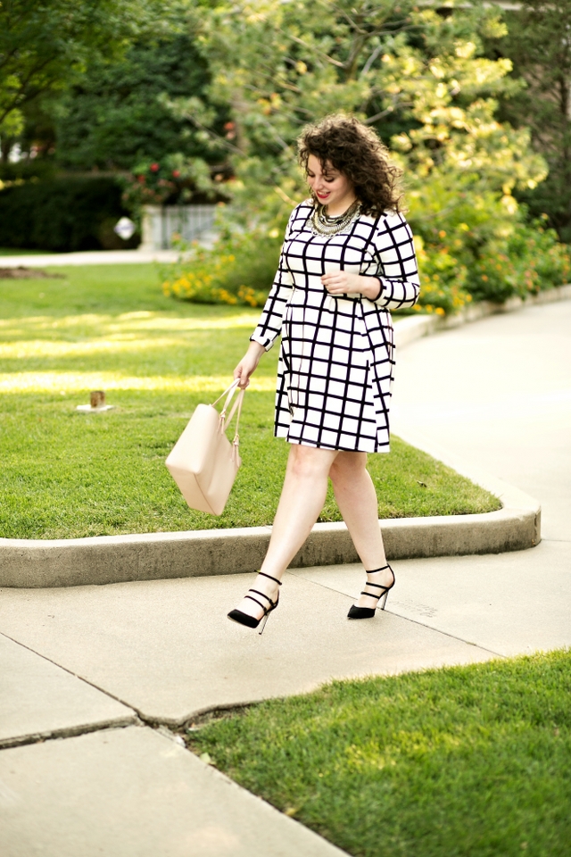 Graphic swing dress with heels for work!  Add a statement necklace to complete! 